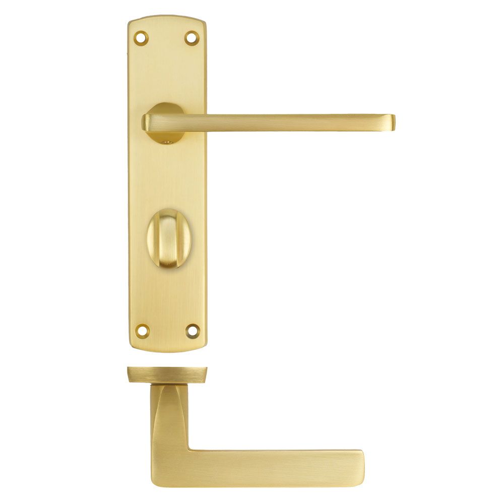 High quality image of the STANZA - Leon Lever on Bathroom Backplate - Satin Brass | Sku. ZPA013-SB | available to order from Trade Door Handles.