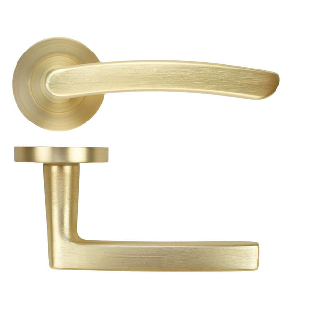 High quality image of the STANZA - Santiago Lever on Rose - Satin Brass | Sku. ZPA020-SB | available to order from Trade Door Handles.