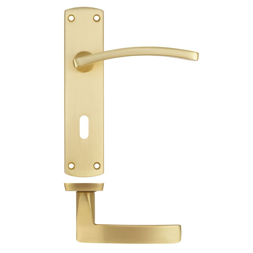 High quality image of the STANZA - Toledo Lever on Lock Backplate - Satin Brass | Sku. ZPA031-SB | available to order from Trade Door Handles.