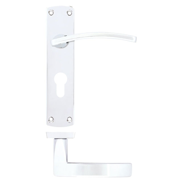 High quality image of the STANZA - Toledo Lever on Euro Backplate Polished Chrome | Sku. zpa031ep-cp | available to order from Trade Door Handles.