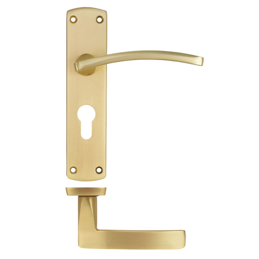 High quality image of the STANZA - Toledo Lever on Euro Backplate - Satin Brass | Sku. ZPA031EP-SB | available to order from Trade Door Handles.