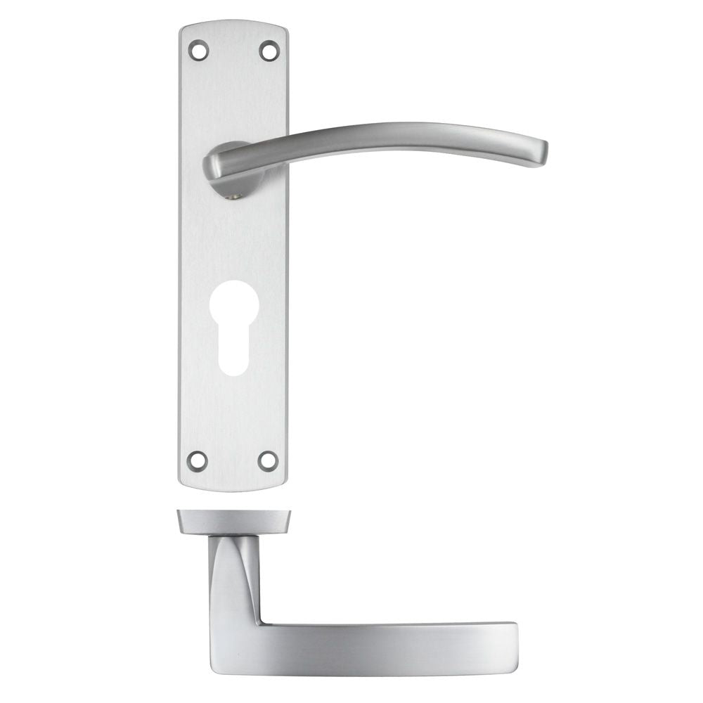 High quality image of the STANZA - Toledo Lever on Euro Backplate - Satin Chrome | Sku. zpa031ep-sc | available to order from Trade Door Handles.