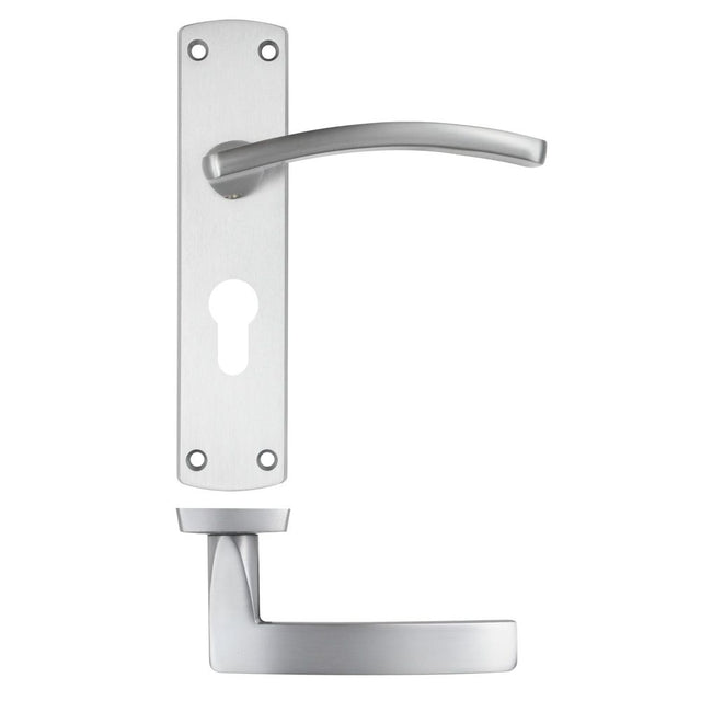 High quality image of the STANZA - Toledo Lever on Euro Backplate - Satin Chrome | Sku. zpa031ep-sc | available to order from Trade Door Handles.