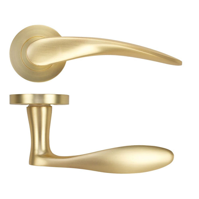 High quality image of the STANZA - Merida Lever on Rose - Satin Brass | Sku. ZPA070-SB | available to order from Trade Door Handles.
