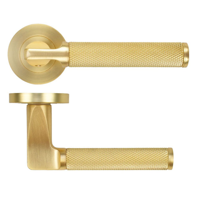 High quality image of the STANZA - Bilbao Lever on Rose - Satin Brass | Sku. ZPA090-SB | available to order from Trade Door Handles.