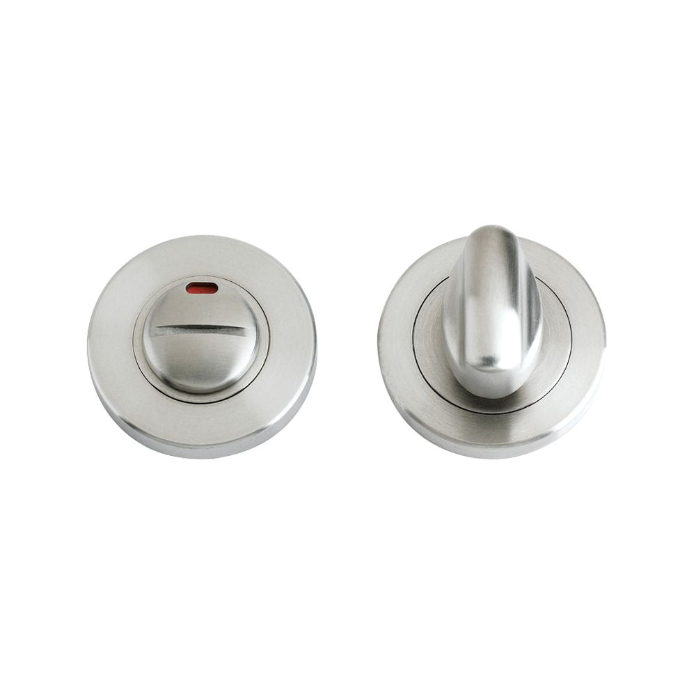 High quality image of the Zoo Hardware - Turn and Release c/w Indicator complete with escutcheons and 5mm spindle 50mm dia - Stain Stainless Steel | Sku. zps004iss | available to order from Trade Door Handles.