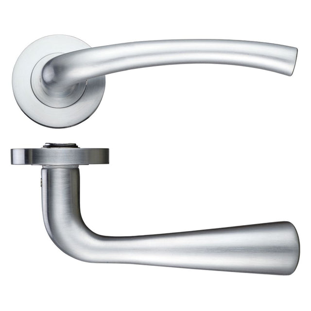 High quality image of the STANZA - Assisi Lever - Screw On Rose 130mm x 65mm - Satin Chrome | Sku. ZPZ010SC | available to order from Trade Door Handles.