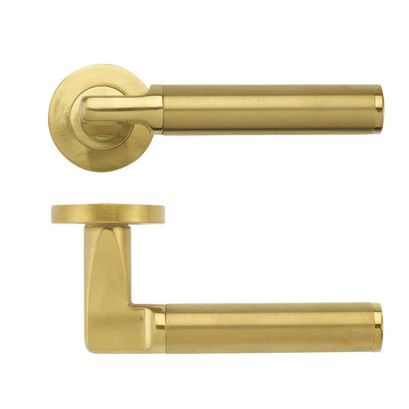 High quality image of the STANZA - Milan Lever - Screw On Rose - Favo Satin Brass | Sku. zpz030-fsb | available to order from Trade Door Handles.