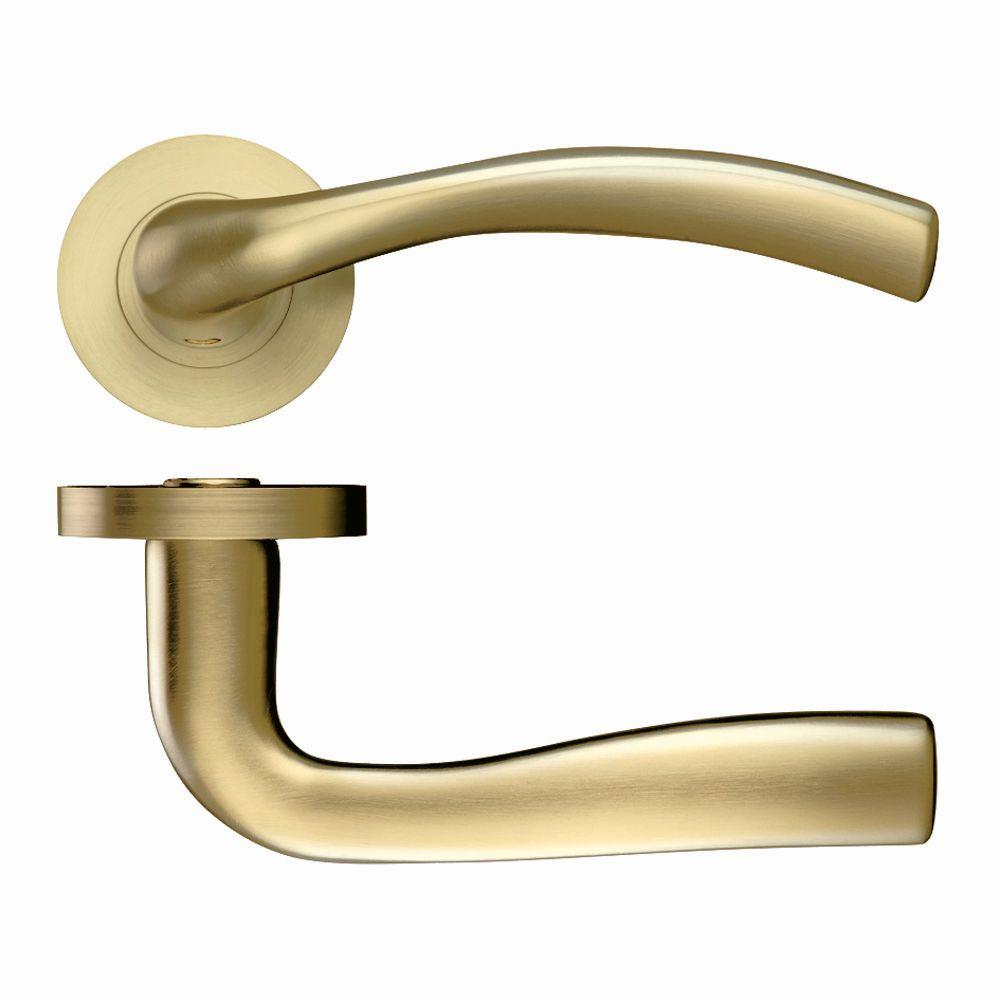 High quality image of the STANZA - Siena Lever - Screw On Rose - Favo Satin Brass | Sku. zpz050-fsb | available to order from Trade Door Handles.