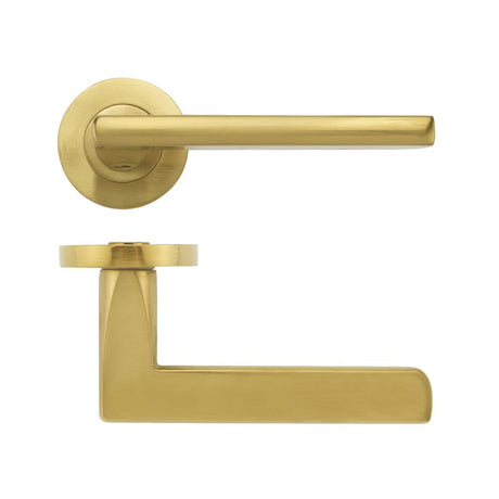High quality image of the STANZA - Venice Lever - Screw On Rose - Favo Satin Brass | Sku. zpz070-fsb | available to order from Trade Door Handles.