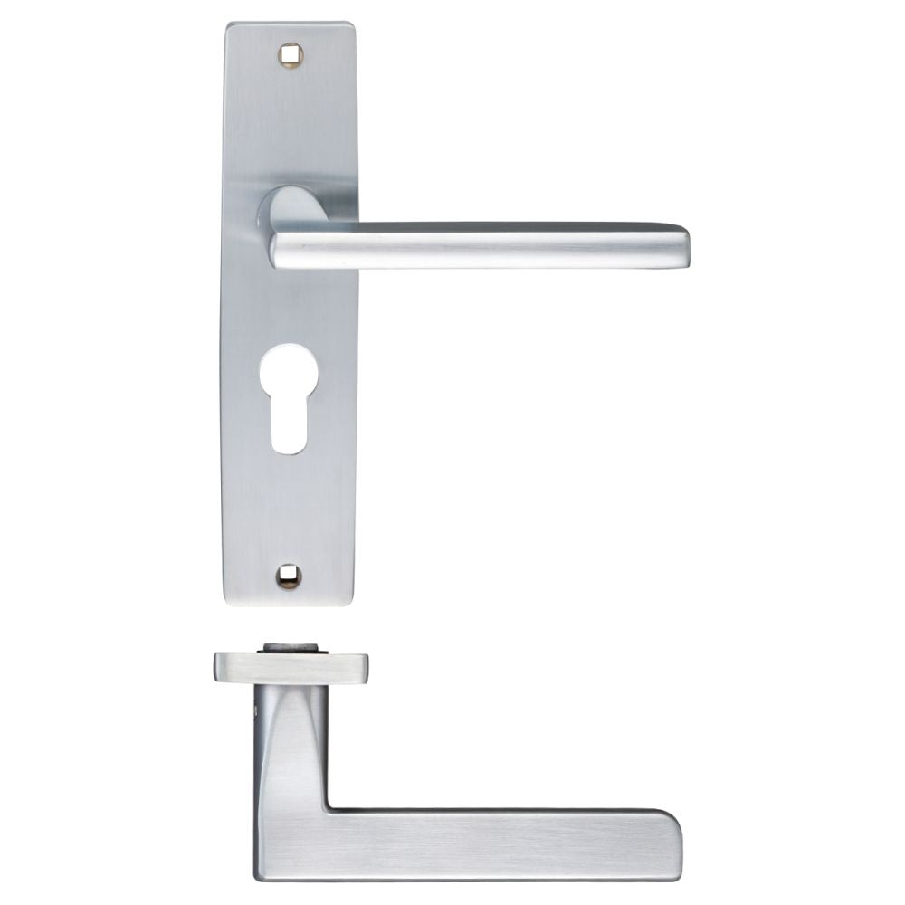 High quality image of the STANZA - Venice Lever Euro Lock (47.5mm c/c) On Backplate - 180x43mm - Satin Chrome | Sku. zpz071epsc | available to order from Trade Door Handles.