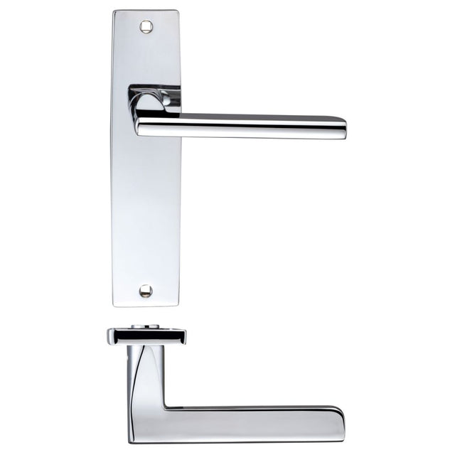 High quality image of the STANZA - Venice Lever Latch On Backplate - 180x43mm - Polished Chrome | Sku. zpz072cp | available to order from Trade Door Handles.