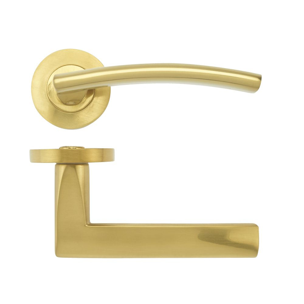 High quality image of the STANZA - Amalfi Lever - Screw On Rose - Favo Satin Brass | Sku. zpz080-fsb | available to order from Trade Door Handles.