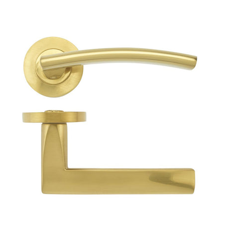 High quality image of the STANZA - Amalfi Lever - Screw On Rose - Favo Satin Brass | Sku. zpz080-fsb | available to order from Trade Door Handles.