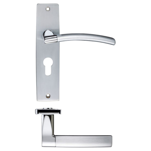 High quality image of the STANZA - Amalfi Lever Euro Lock (47.5mm c/c) On Backplate - Satin Chrome/Polished Chrome | Sku. zpz081epsccp | available to order from Trade Door Handles.