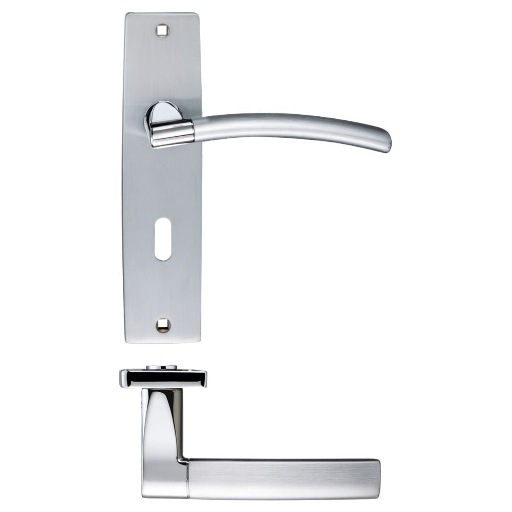 High quality image of the STANZA - Amalfi Lever Lock (57mm c/c) On Backplate 180x43mm - Satin Chrome/Polished Chrome | Sku. zpz081sccp | available to order from Trade Door Handles.