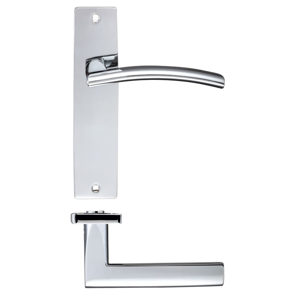 High quality image of the STANZA - Amalfi Lever Latch On Backplate - 180x43mm - Polished Chrome | Sku. zpz082cp | available to order from Trade Door Handles.
