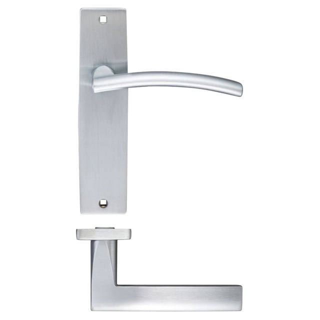 High quality image of the STANZA - Amalfi Lever Latch On Backplate - 180x43mm - Satin Chrome | Sku. zpz082sc | available to order from Trade Door Handles.
