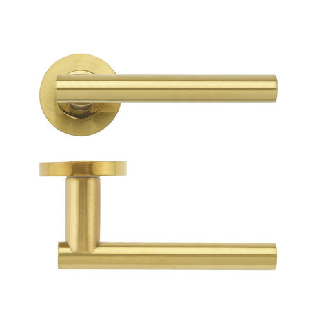 High quality image of the STANZA - Lucca Lever - Screw On Rose - Favo Satin Brass | Sku. zpz090-fsb | available to order from Trade Door Handles.