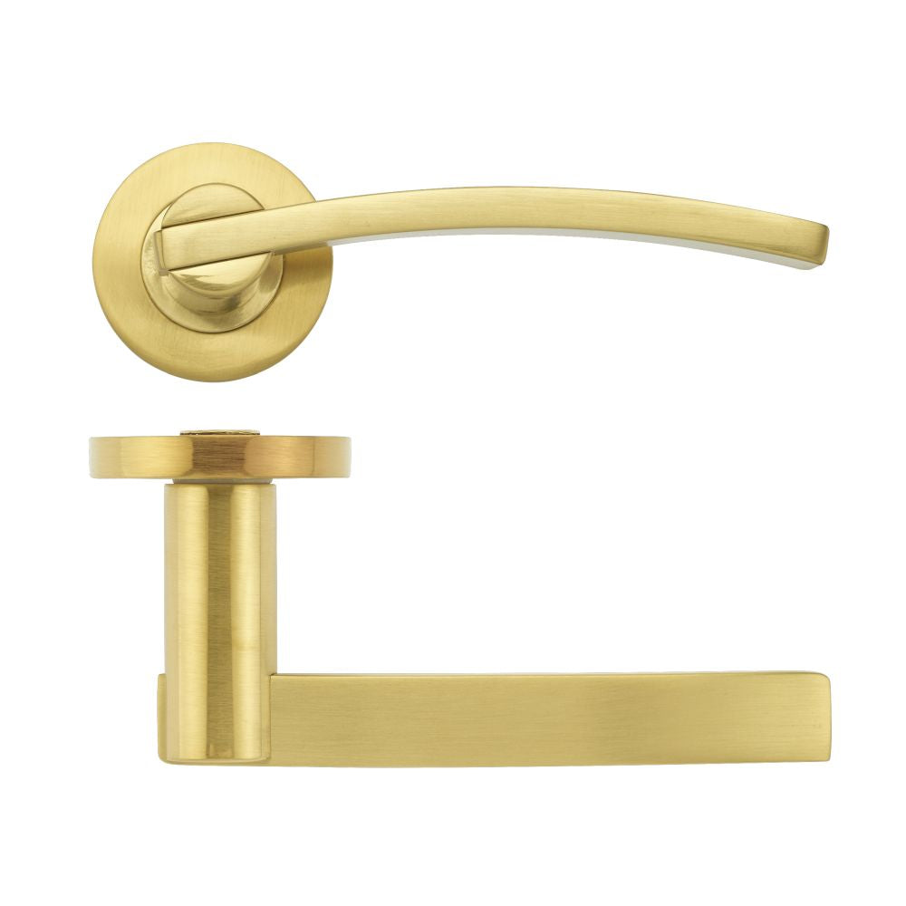 High quality image of the STANZA - Adria lever on round rose - Favo Satin Brass | Sku. zpz100-fsb | available to order from Trade Door Handles.