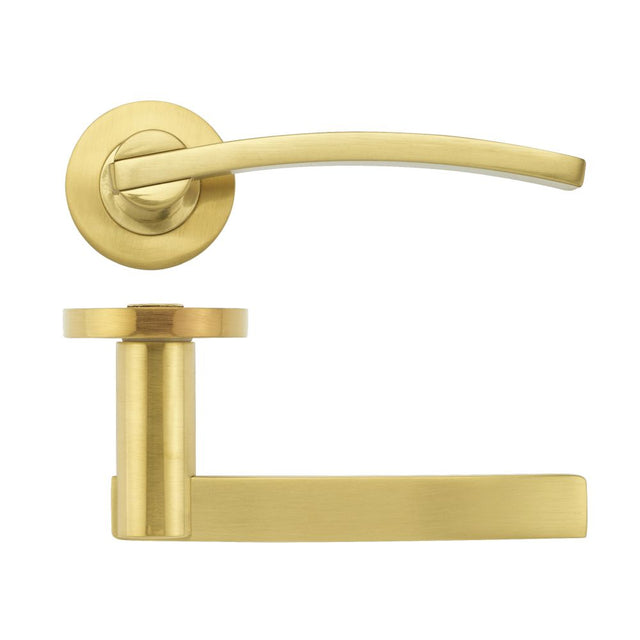 High quality image of the STANZA - Adria lever on round rose - Favo Satin Brass | Sku. zpz100-fsb | available to order from Trade Door Handles.