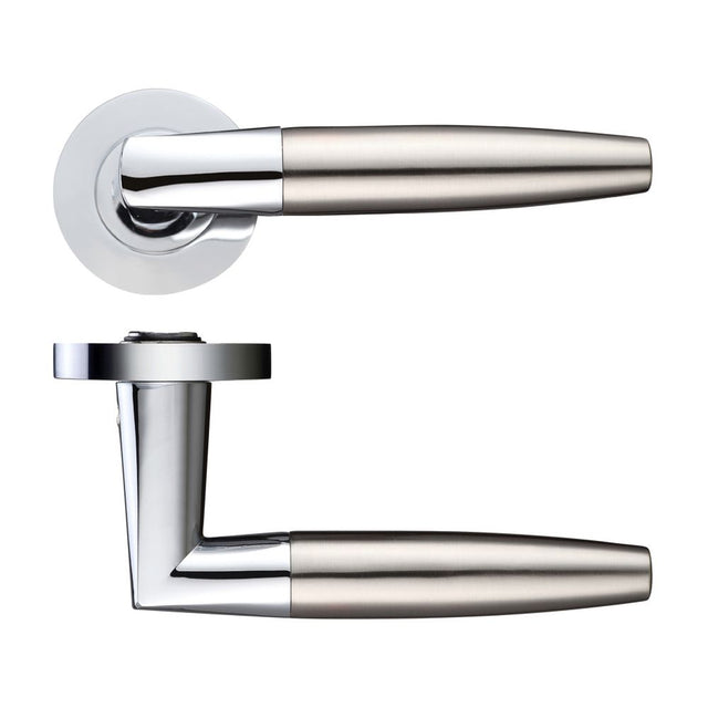 High quality image of the STANZA - Atlanta lever on round rose - Polished Chrome/Satin Nickel | Sku. zpz110cpsn | available to order from Trade Door Handles.