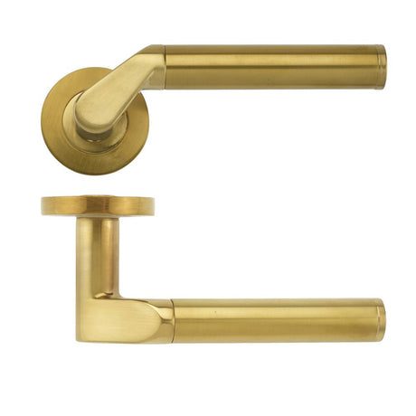 High quality image of the STANZA - Venus lever on round rose - Favo Satin Brass | Sku. zpz120-fsb | available to order from Trade Door Handles.