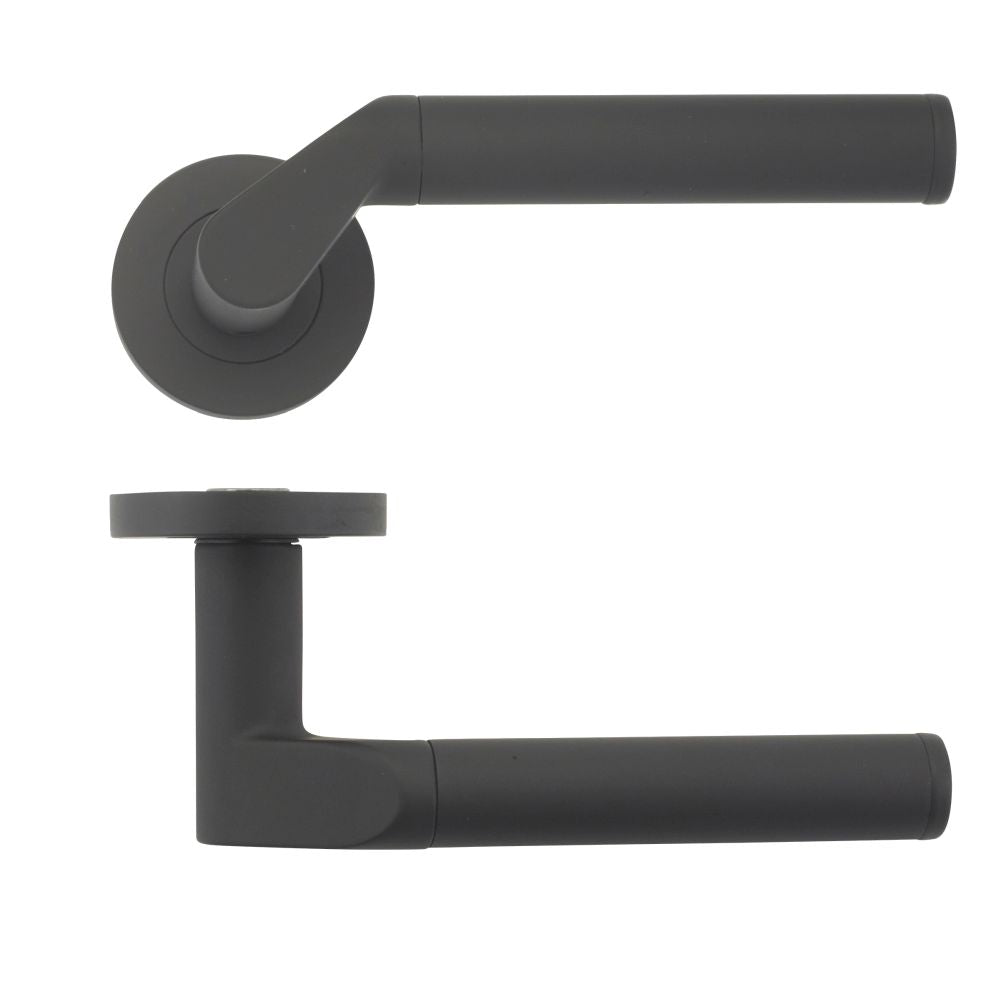 High quality image of the STANZA - Venus lever on round rose - Black | Sku. zpz120-omb | available to order from Trade Door Handles.