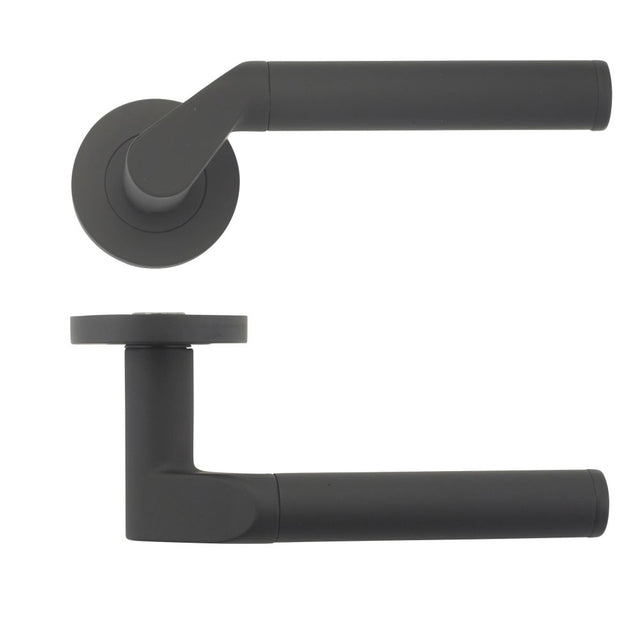 High quality image of the STANZA - Venus lever on round rose - Black | Sku. zpz120-omb | available to order from Trade Door Handles.