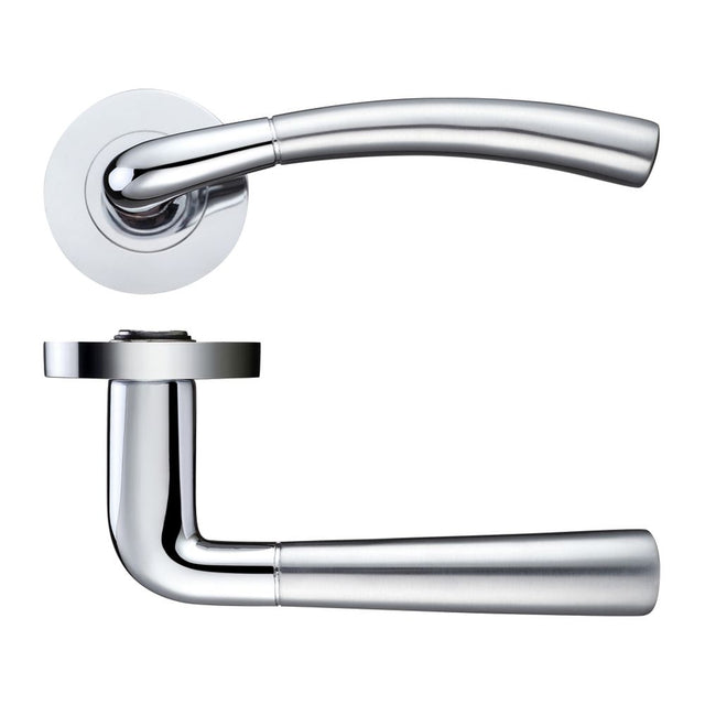 High quality image of the STANZA - Saturn lever on round rose - Satin Chrome/Polished Chrome | Sku. zpz130sccp | available to order from Trade Door Handles.