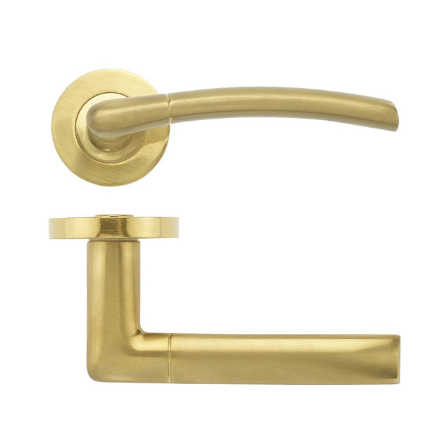 High quality image of the STANZA - Olympus lever on round rose - Favo Satin Brass | Sku. zpz140-fsb | available to order from Trade Door Handles.