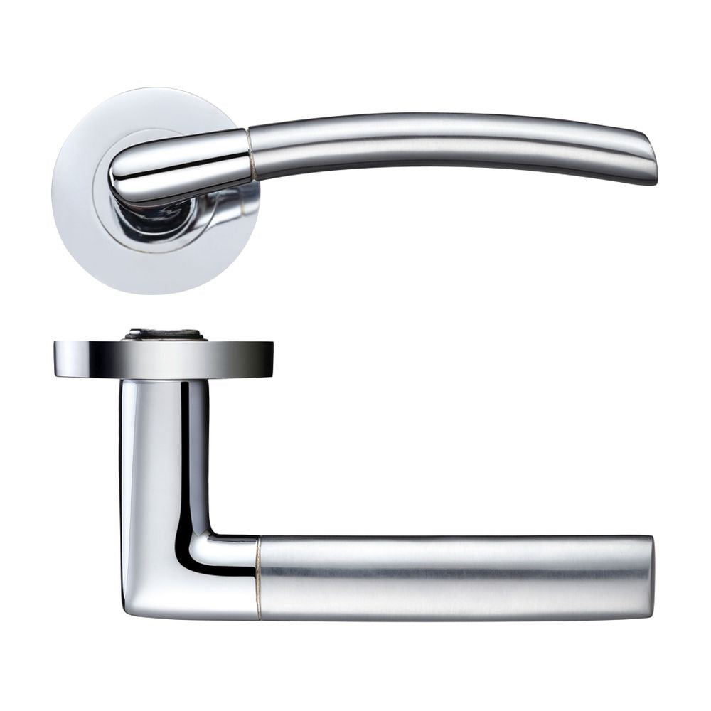 High quality image of the STANZA - Olympus lever on round rose - Satin Chrome/Polished Chrome | Sku. zpz140sccp | available to order from Trade Door Handles.