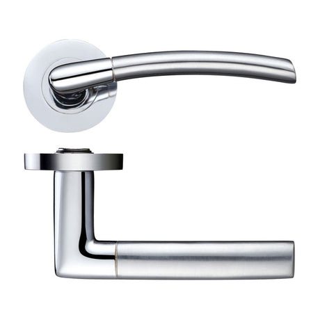 High quality image of the STANZA - Olympus lever on round rose - Satin Chrome/Polished Chrome | Sku. zpz140sccp | available to order from Trade Door Handles.