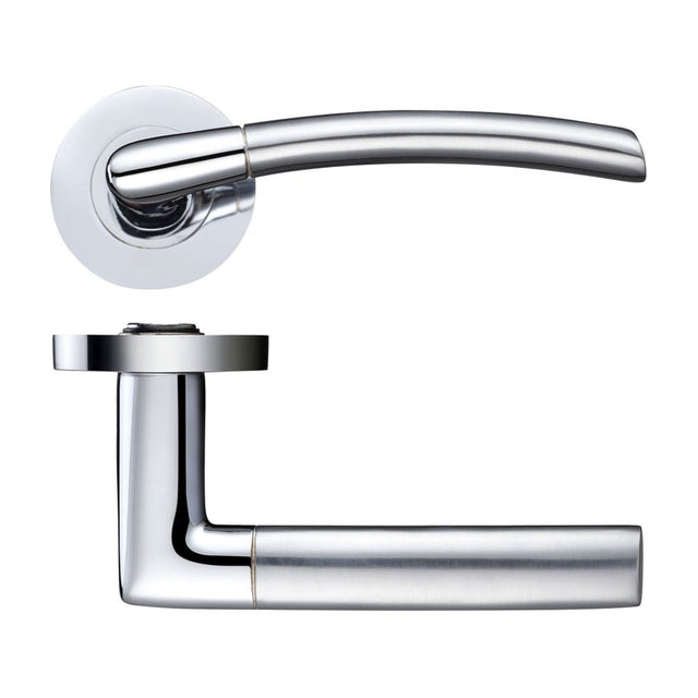 High quality image of the STANZA - Olympus lever on round rose - Satin Chrome/Polished Chrome | Sku. zpz140sccp | available to order from Trade Door Handles.