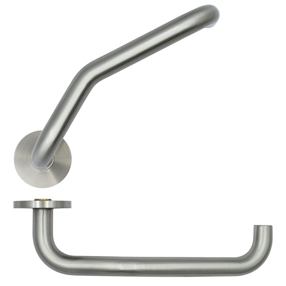 High quality image of the Zoo Hardware - Cranked Return To Door Lever on 53mm x 6.5mm Sprung Rose - Sat.St.Steel | Sku. zs-sshf130-sss | available to order from Trade Door Handles in Kendal.