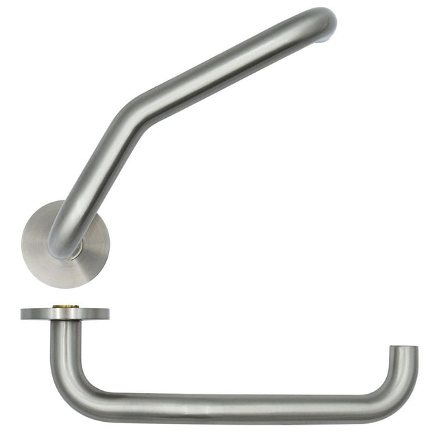 High quality image of the Zoo Hardware - Cranked Return To Door Lever on 53mm x 6.5mm Sprung Rose - Sat.St.Steel | Sku. zs-sshf130-sss | available to order from Trade Door Handles in Kendal.