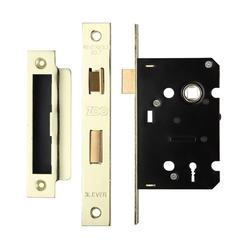 High quality image of the Zoo Hardware - 3 Lever Mortice Sashlock, 64mm - 57mm Centres, Square, Polished Brass Finish - PVD Brass | Sku. zsc364pvd | available to order from Trade Door Handles.