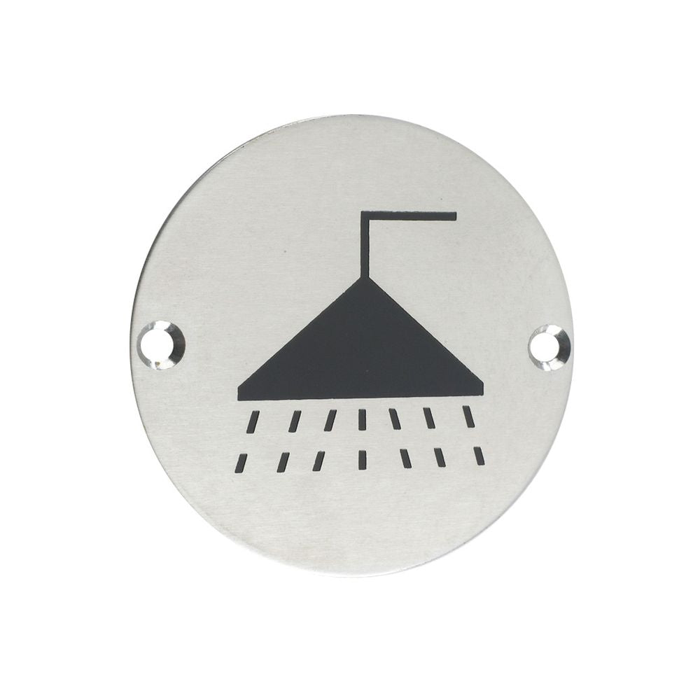 High quality image of the Zoo Hardware - Signage - Shower - 76mm dia - Stain Stainless Steel | Sku. zss04ss | available to order from Trade Door Handles.