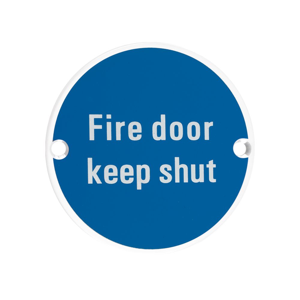 High quality image of the Zoo Hardware - Signage - Fire Door Keep Shut - 76mm dia Powder Coated Matt White | Sku. zss09-pcw | available to order from Trade Door Handles.
