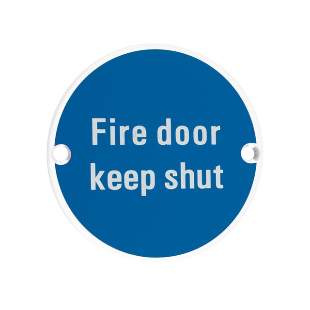 High quality image of the Zoo Hardware - Signage - Fire Door Keep Shut - 76mm dia Powder Coated Matt White | Sku. zss09-pcw | available to order from Trade Door Handles.