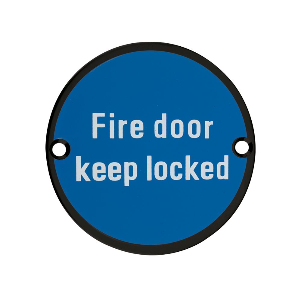 High quality image of the Zoo Hardware - Signage - Fire Door Keep Locked - 76mm dia Powder Coated Matt Black | Sku. zss10-pcb | available to order from Trade Door Handles.