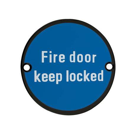 High quality image of the Zoo Hardware - Signage - Fire Door Keep Locked - 76mm dia Powder Coated Matt Black | Sku. zss10-pcb | available to order from Trade Door Handles.