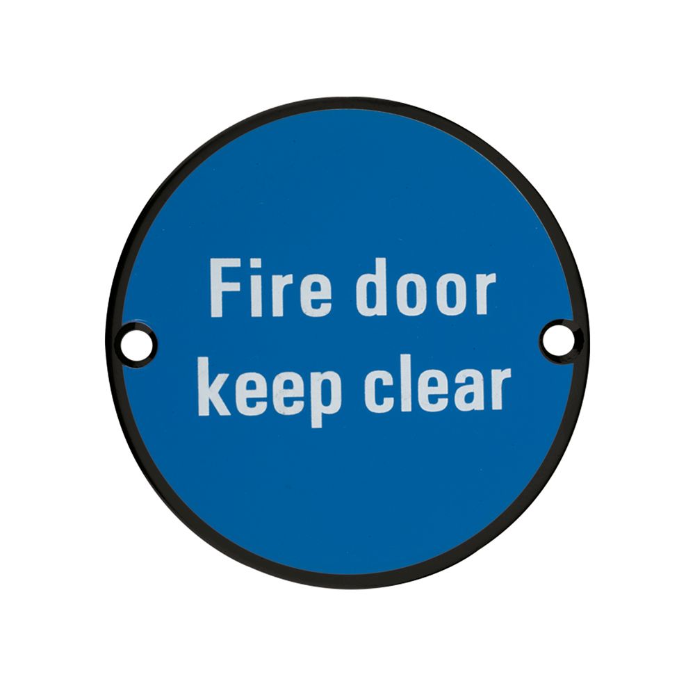 High quality image of the Zoo Hardware - Signage - Fire Door Keep Clear - 76mm dia Powder Coated Matt Black | Sku. zss11-pcb | available to order from Trade Door Handles.