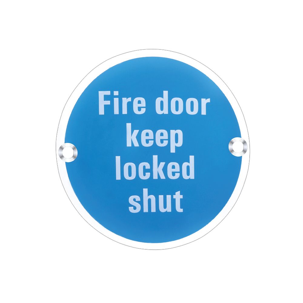 High quality image of the Zoo Hardware - Signage - Fire Door Keep Locked Shut - 76mm dia - Polished Stainless Steel | Sku. zss13ps | available to order from Trade Door Handles.