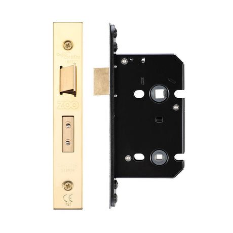 High quality image of the Zoo Hardware - Bathroom Lock - 64mm C/W Forend and Strike - PVD Brass | Sku. zukb64pvd | available to order from Trade Door Handles.