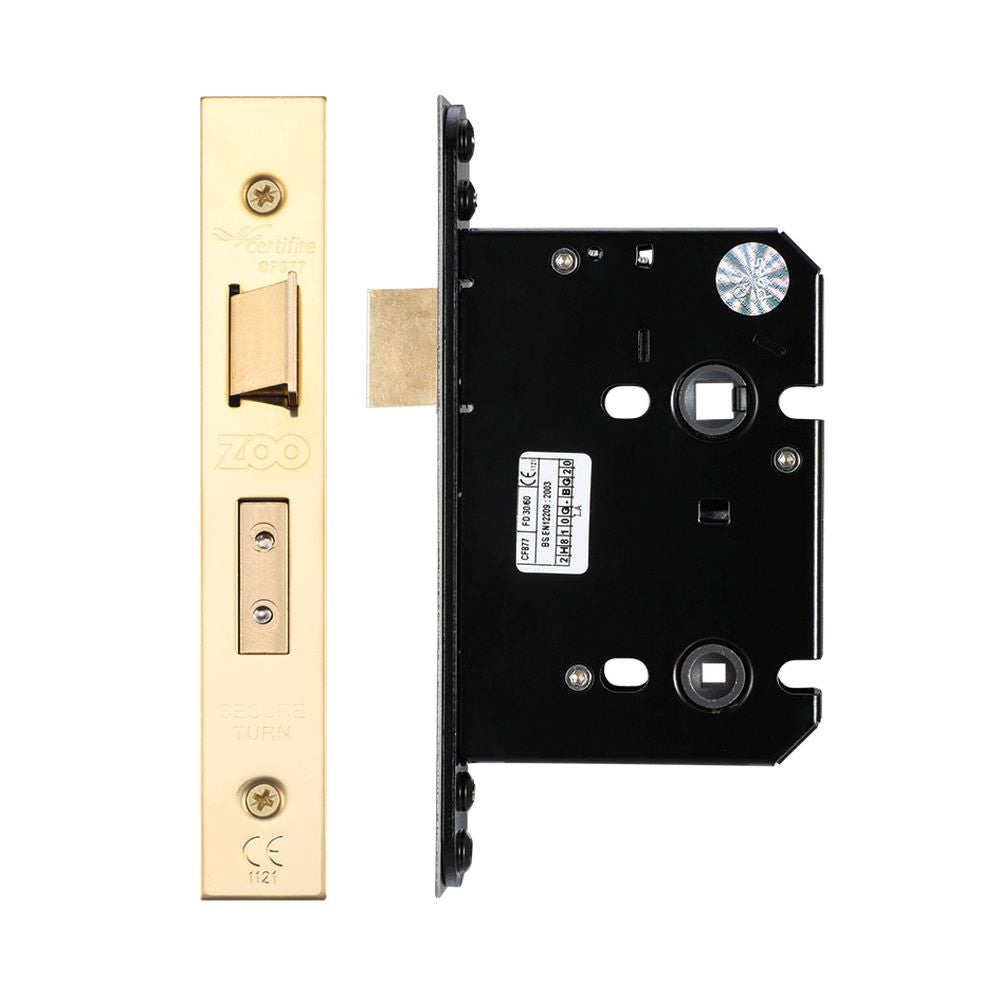 High quality image of the Zoo Hardware - Bathroom Lock - 76mm C/W Forend and Strike - PVD Brass | Sku. zukb76pvd | available to order from Trade Door Handles.