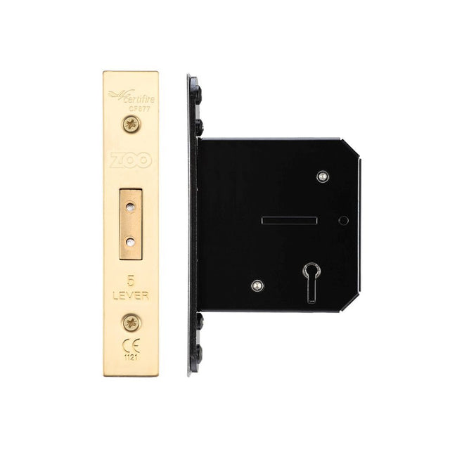 High quality image of the Zoo Hardware - 5 Lever Dead Lock - 76mm C/W Forend and Strike - PVD Brass | Sku. zukd576pvd | available to order from Trade Door Handles.