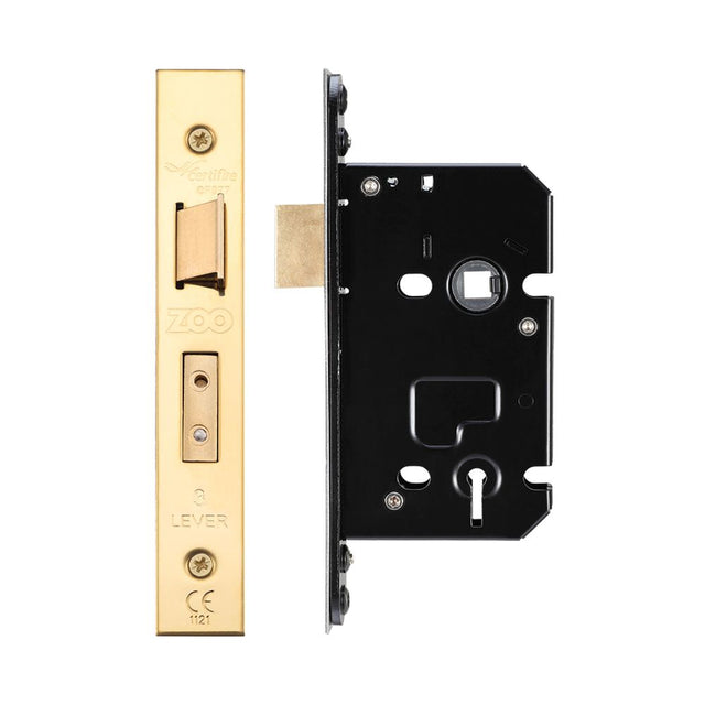 High quality image of the Zoo Hardware - 3 Lever Sash Lock - 64mm C/W Forend and Strike - PVD Brass | Sku. zuks364pvd | available to order from Trade Door Handles.