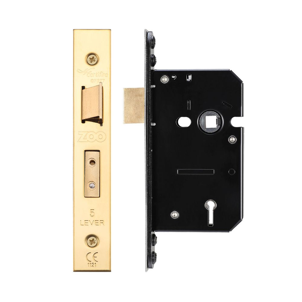 High quality image of the Zoo Hardware - 5 Lever Sash Lock - 64mm C/W Forend and Strike - PVD Brass | Sku. zuks564pvd | available to order from Trade Door Handles.