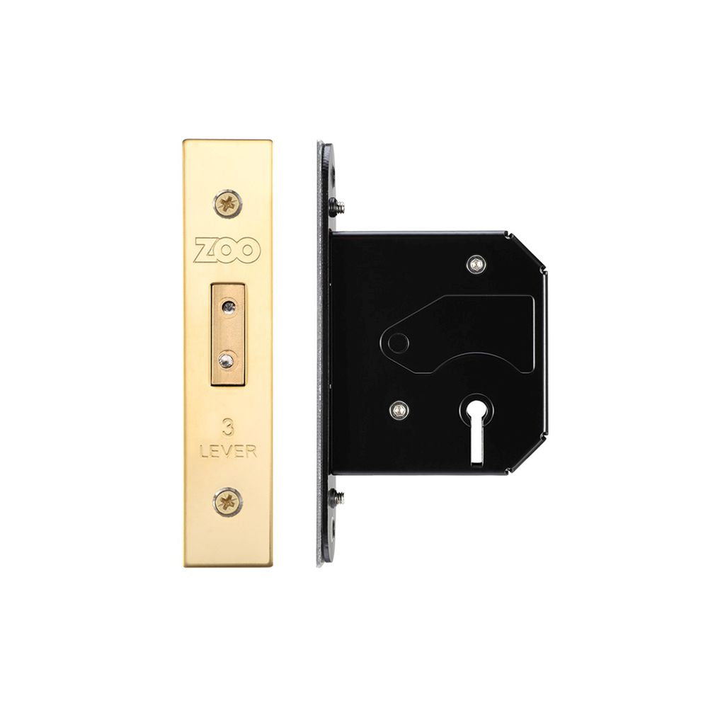 High quality image of the Zoo Hardware - 3 Lever Replacement Dead Lock - 64mm c/w Forend and Strike - PVD Brass | Sku. zurd364pvd | available to order from Trade Door Handles.